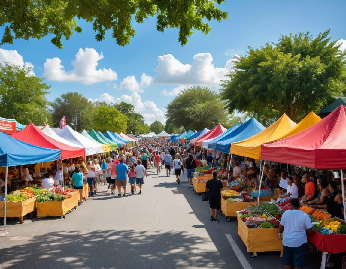 A vibrant scene showcasing the heart of Lauderdale Lakes, filled with diverse local events such as a lively farmers market, an outdoor concert, and families enjoying a community festival. Include colorful banners, enthusiastic locals, and lush greenery in the background, capturing the essence of community spirit. super-realistic. vibrant colors. cheerful atmosphere.