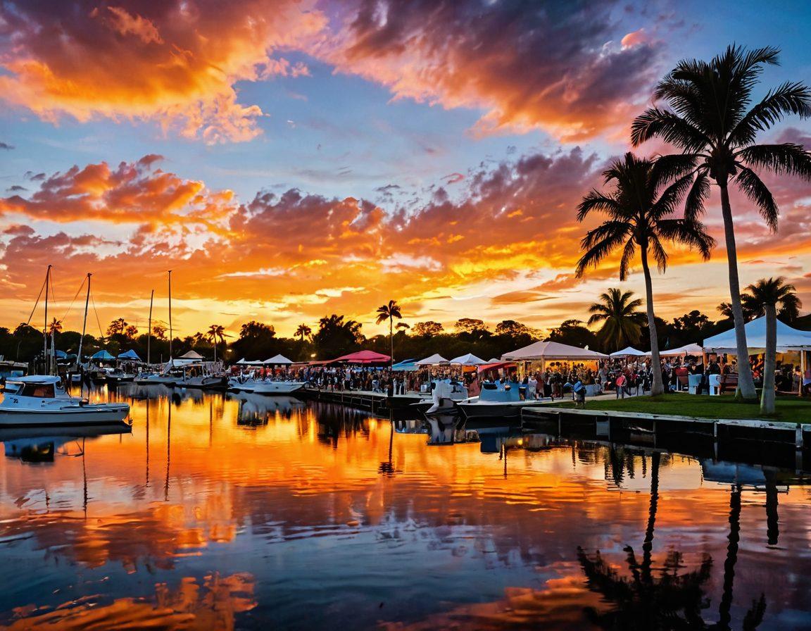 A picturesque view of Lauderdale Lakes, showcasing vibrant sunsets over the water, with community events in the foreground like people enjoying a local festival, live music, and food stalls. Incorporate diverse individuals chatting, families engaging in activities, and scenic elements like palm trees and boats. The overall atmosphere should be lively and inviting, capturing the essence of community spirit and local happenings. vibrant colors. super-realistic.